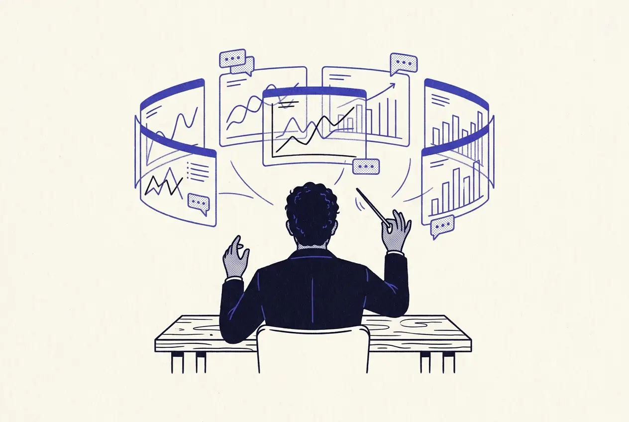 Ilustración: un operador dirige pantallas con gráficos como un director de orquesta